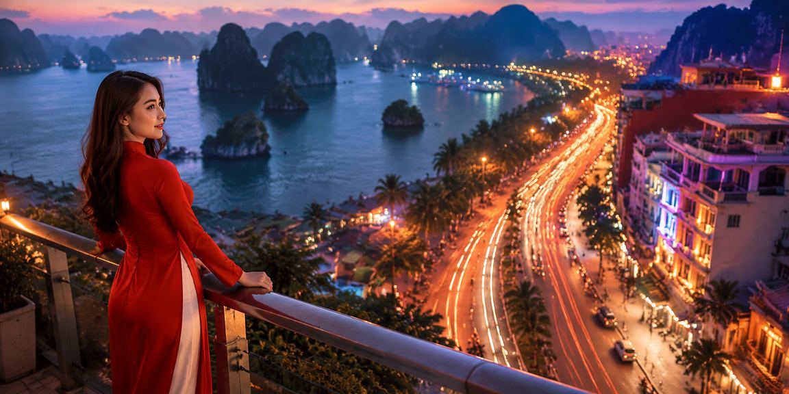 Người dùng mặc áo dài tại vịnh Hạ Long chơi slot game sau khi nạp tiền thành công