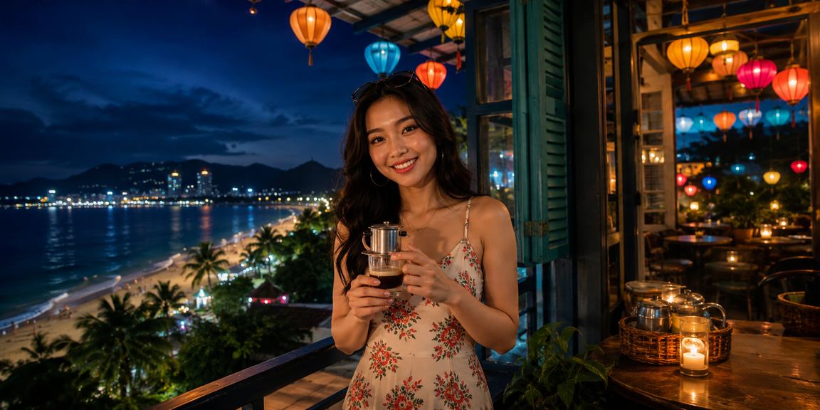 Người dùng tại Nha Trang xem kết quả cá cược thể thao bên tách cà phê buổi sáng ven biển